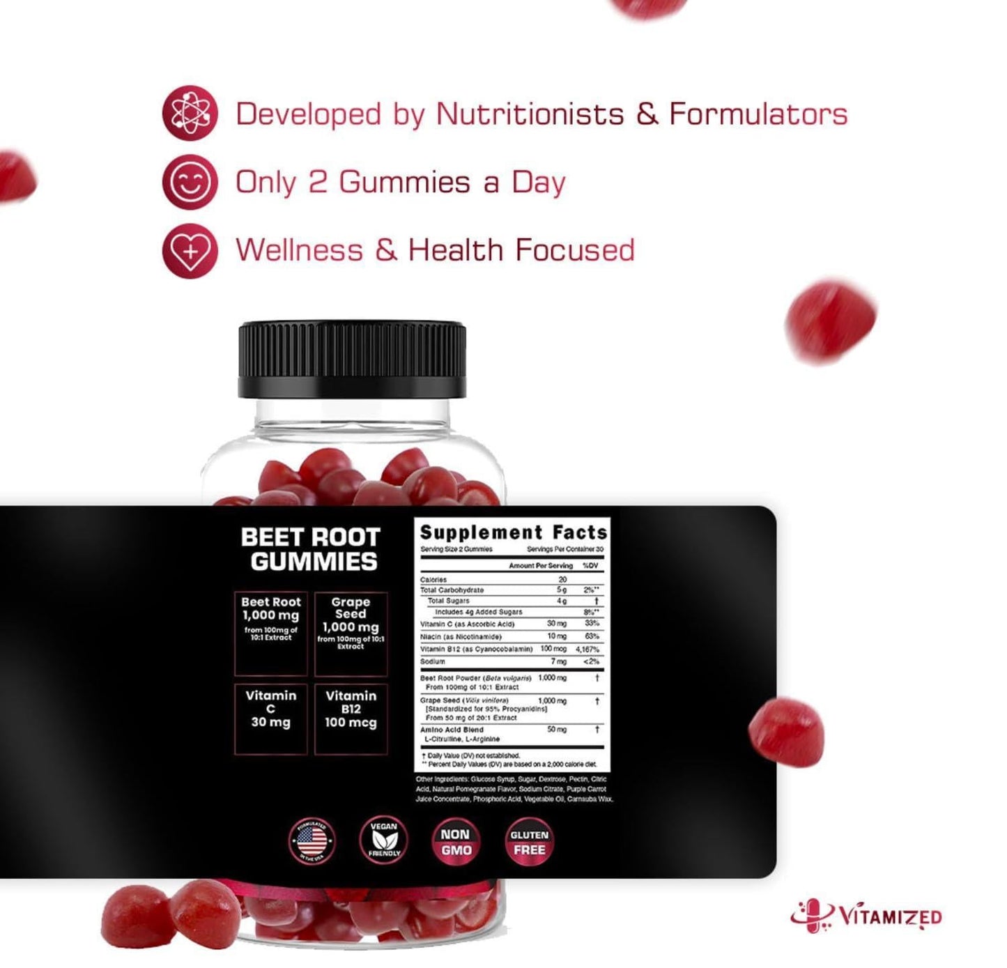 Beet Root Gummies Super Nitric Oxide Beets Supplement 60 Chewables Red Beetroot