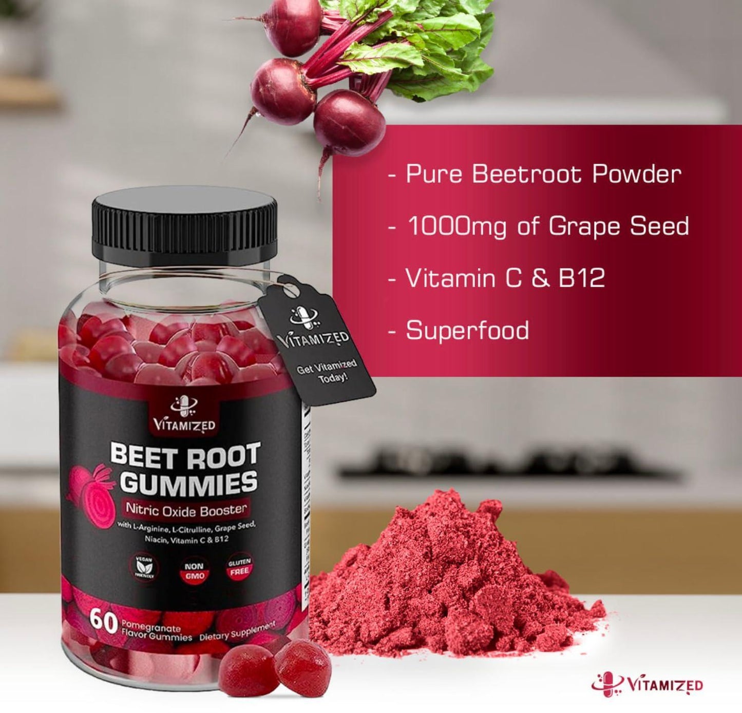 Beet Root Gummies Super Nitric Oxide Beets Supplement 60 Chewables Red Beetroot