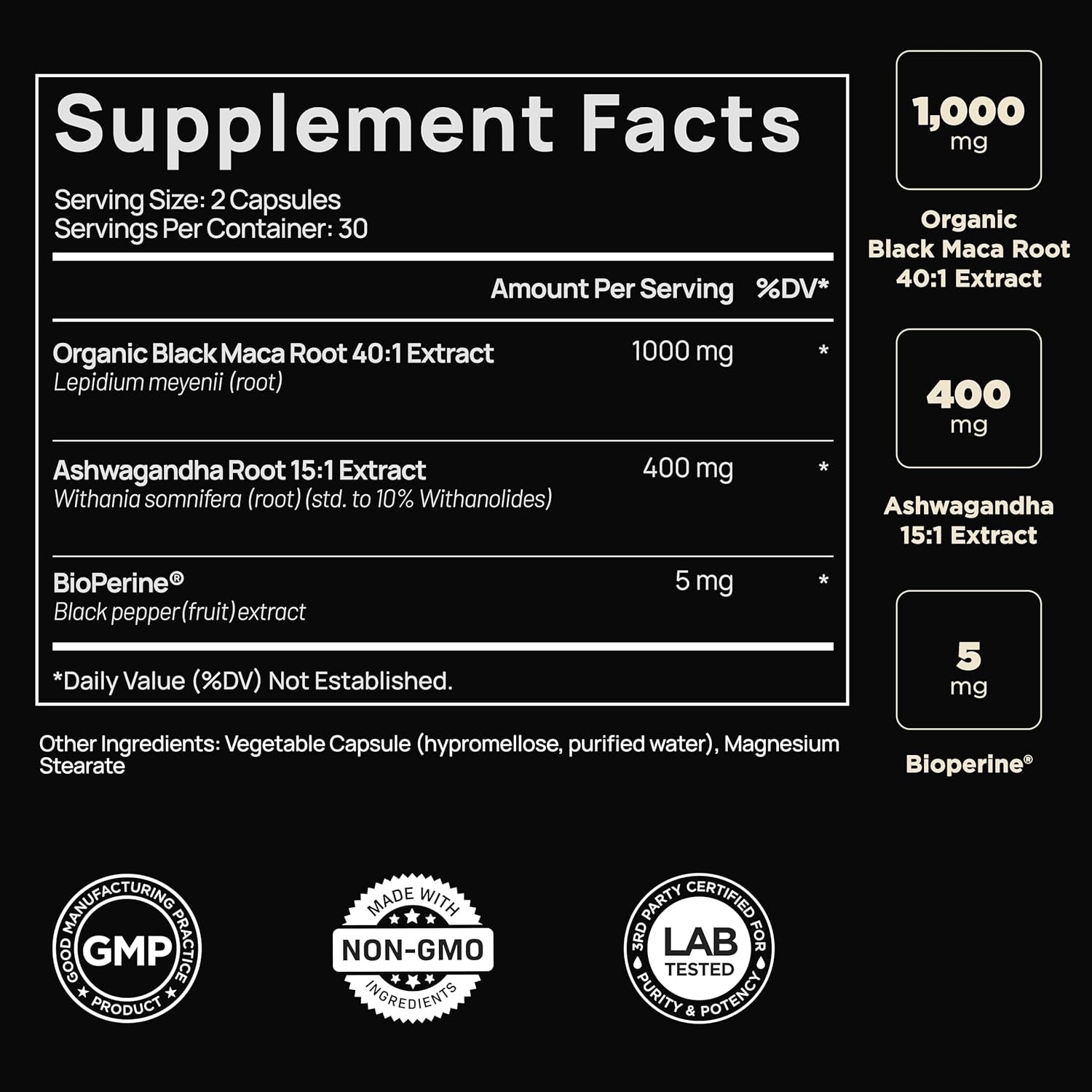 Organic Black Maca Root 40,000mg 40X Strength with Ashwagandha - Premium High Potency Male Supplement 100% Pure Maca Peruana 40:1 Extract Capsules