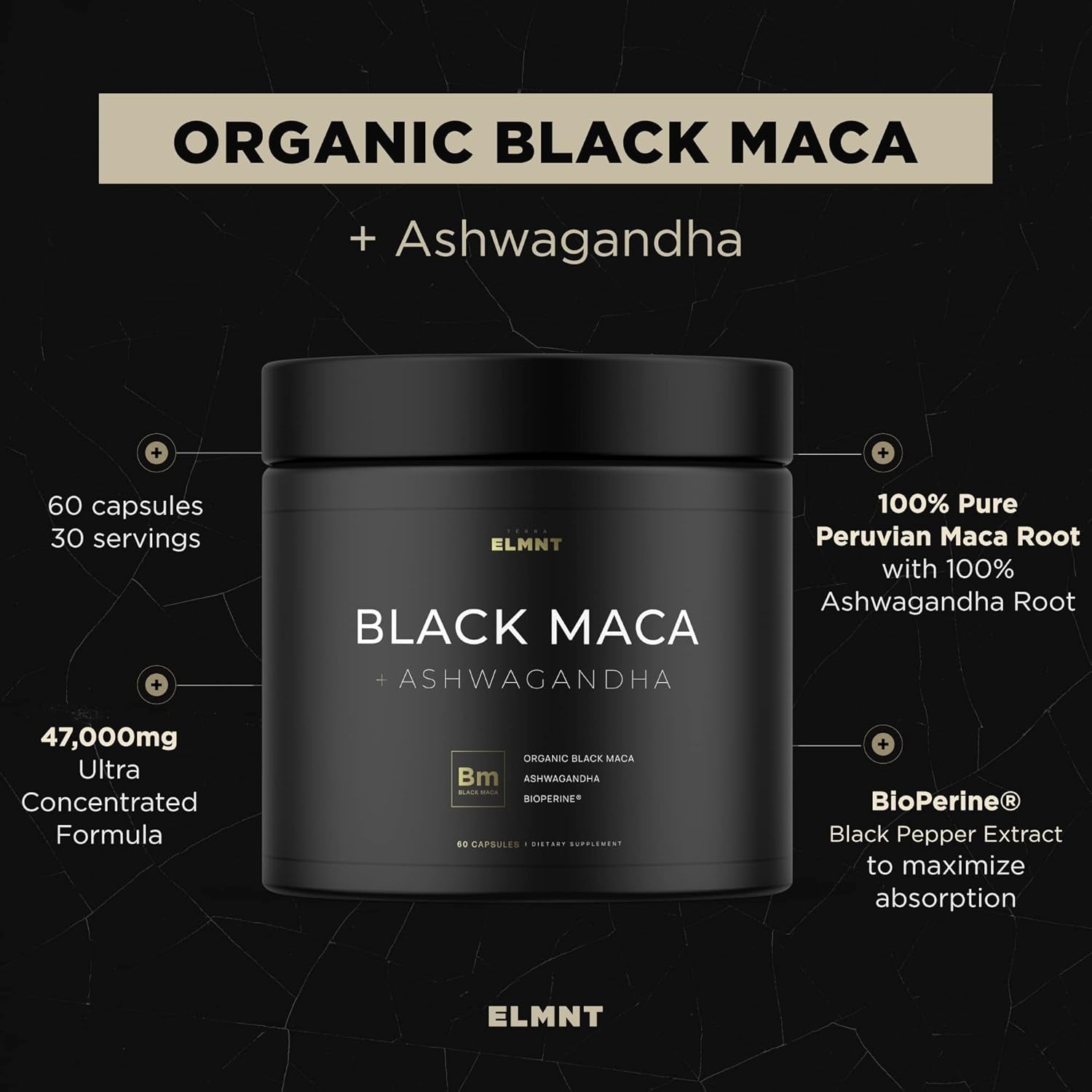 Organic Black Maca Root 40,000mg 40X Strength with Ashwagandha - Premium High Potency Male Supplement 100% Pure Maca Peruana 40:1 Extract Capsules